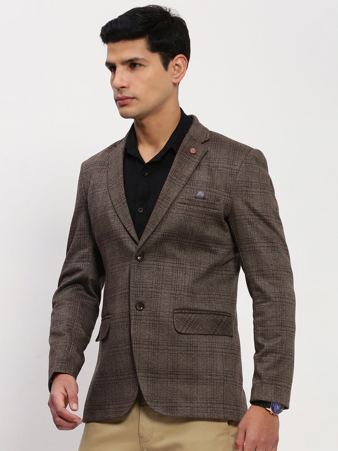 Men Brown Checked Single Breasted Blazer