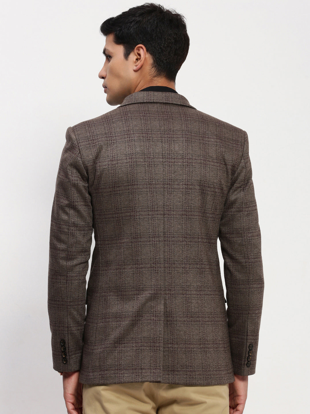 Men Brown Checked Single Breasted Blazer