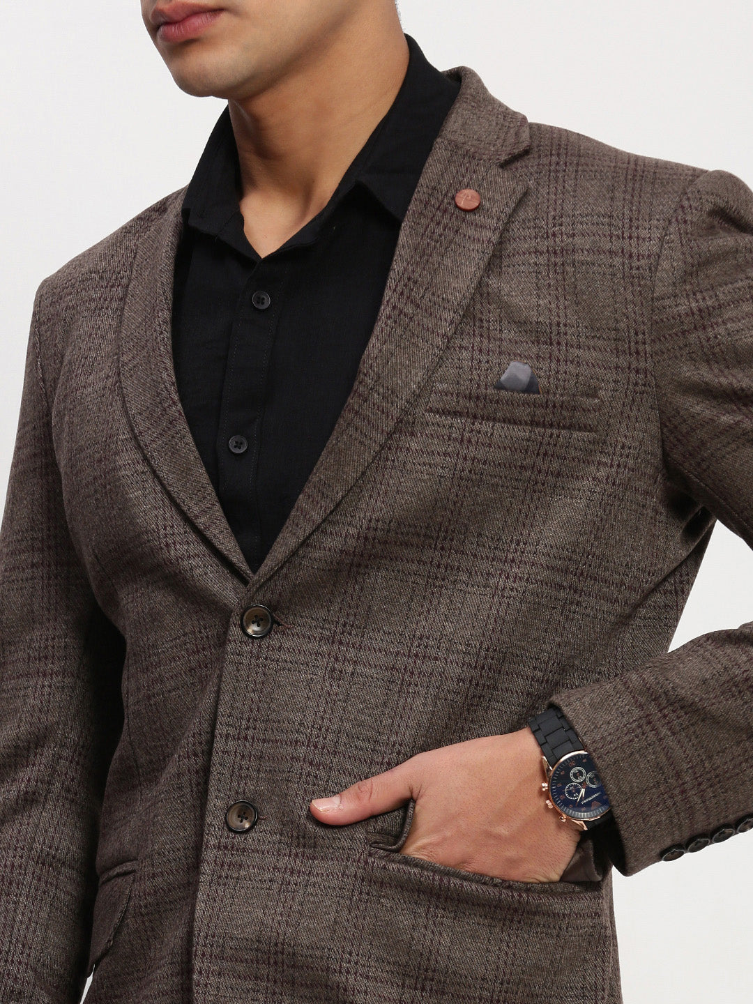 Men Brown Checked Single Breasted Blazer