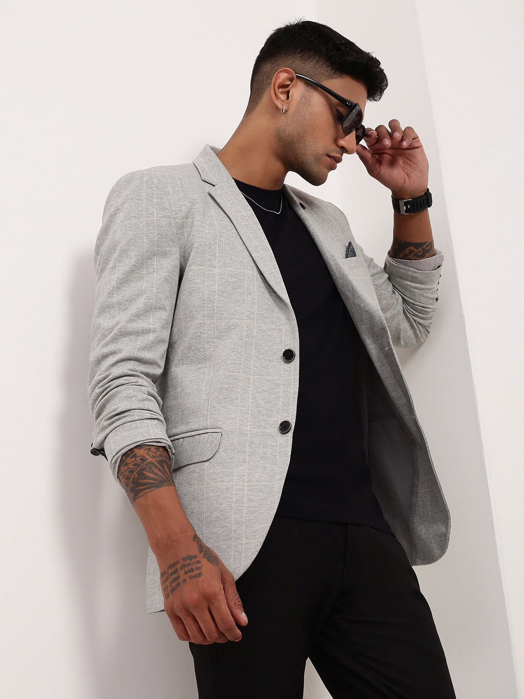 Men Grey Checked Single Breasted Blazer