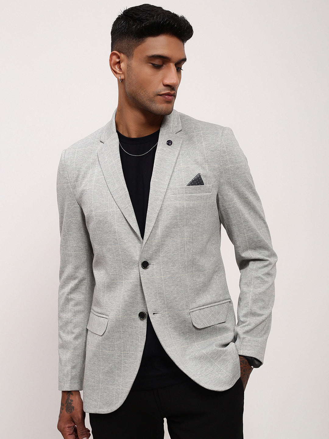 Men Grey Checked Single Breasted Blazer