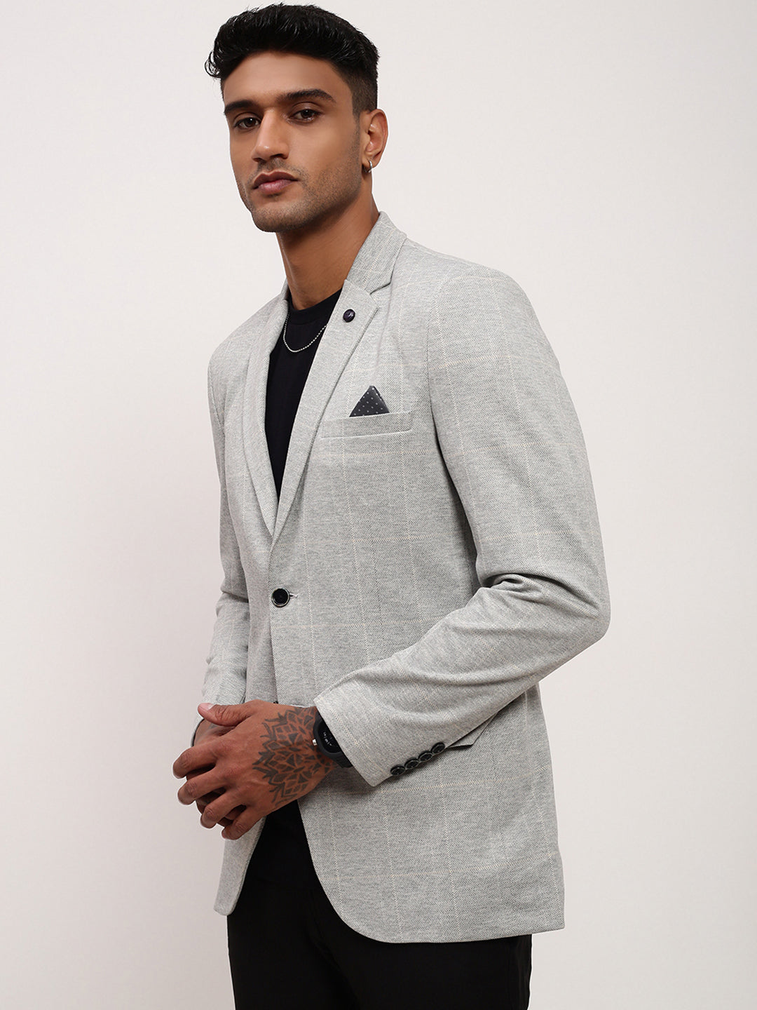 Men Grey Checked Single Breasted Blazer