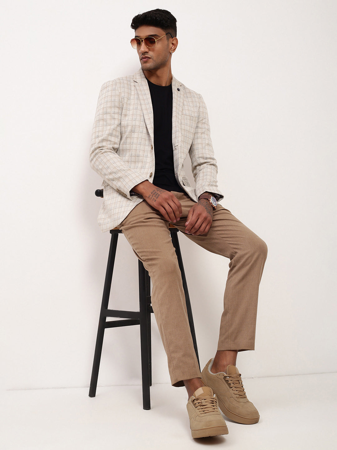 Men Cream Checked Single Breasted Blazer