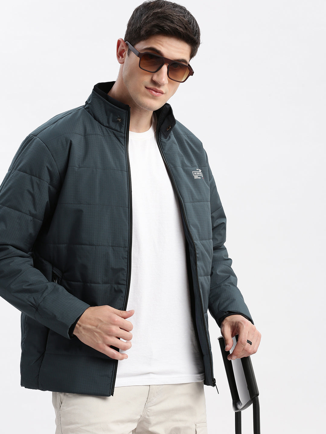 Men Solid Mock Collar Navy Blue Bomber Jacket