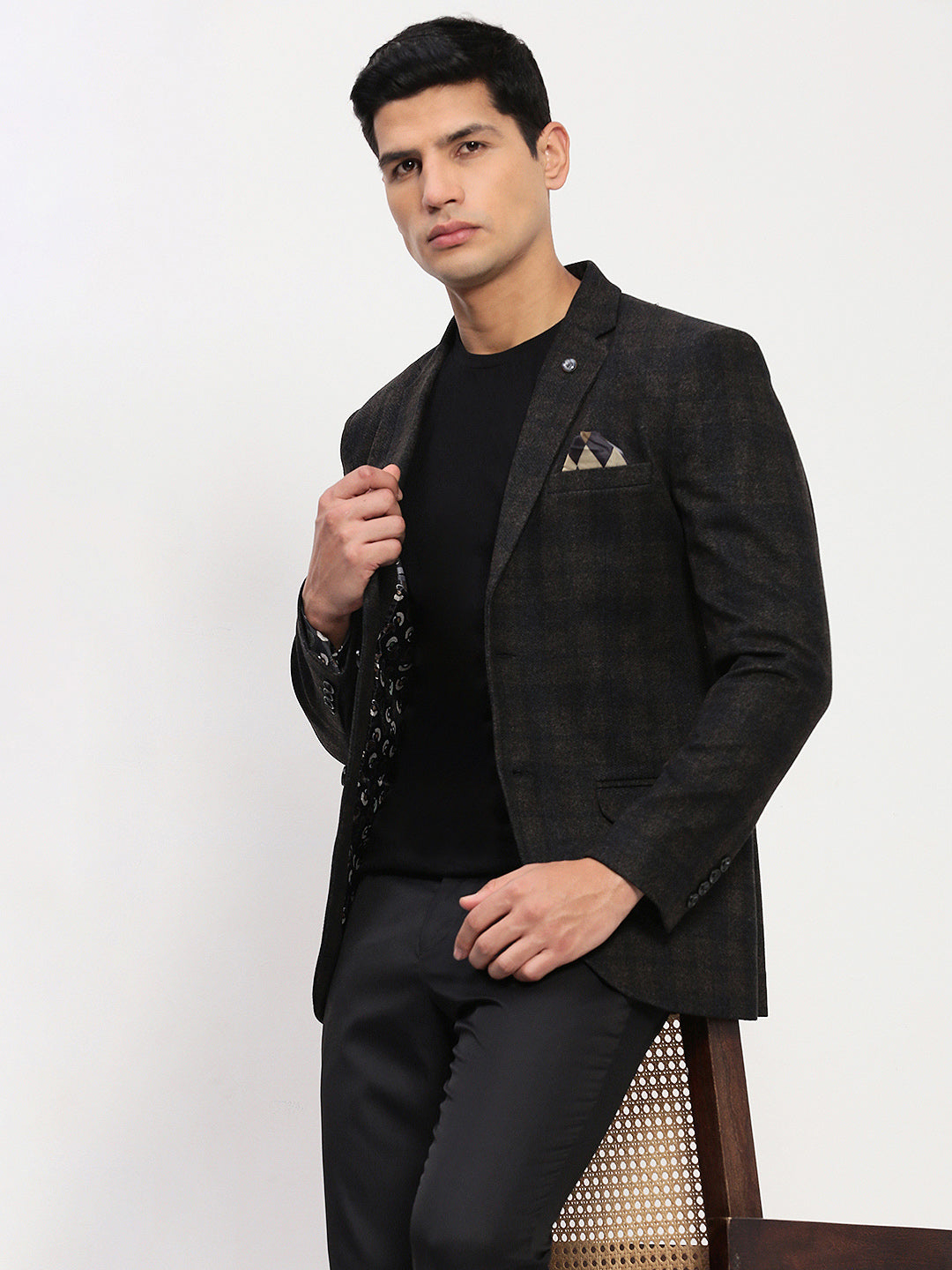 Men Brown Checked Single Breasted Blazer