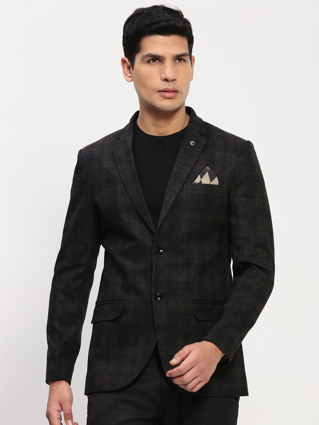 Men Brown Checked Single Breasted Blazer