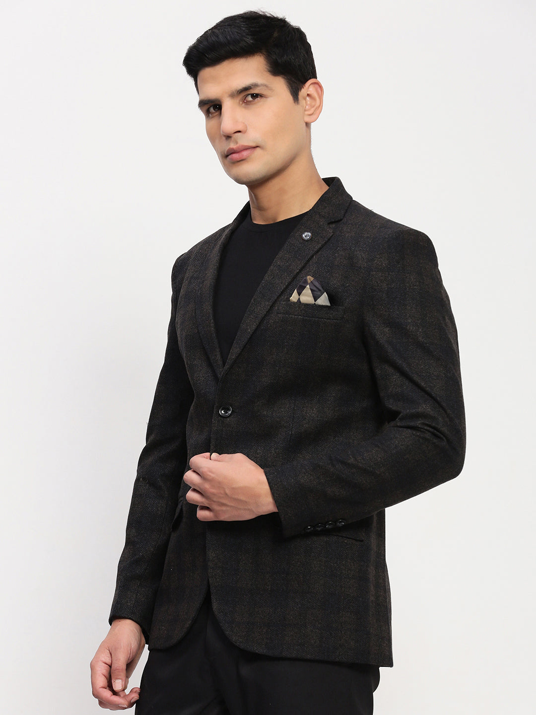 Men Brown Checked Single Breasted Blazer