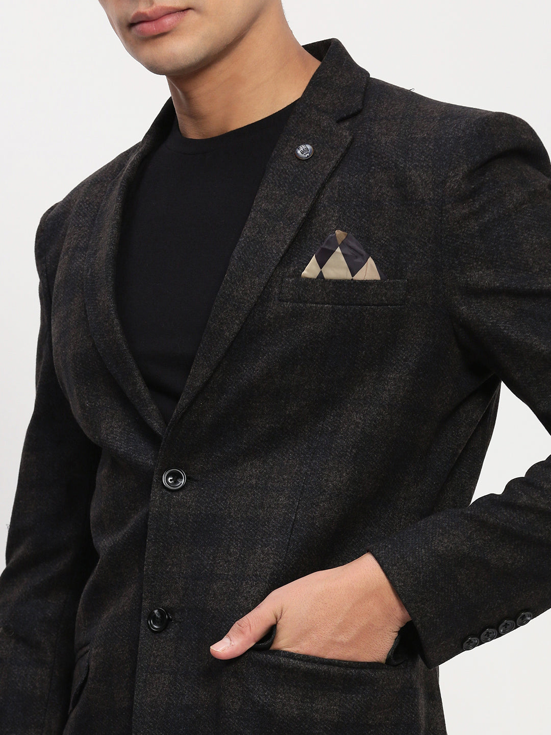 Men Brown Checked Single Breasted Blazer