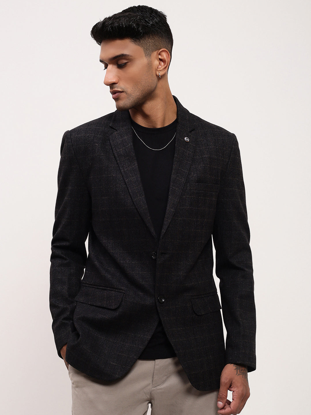 Men Black Checked Single Breasted Blazer