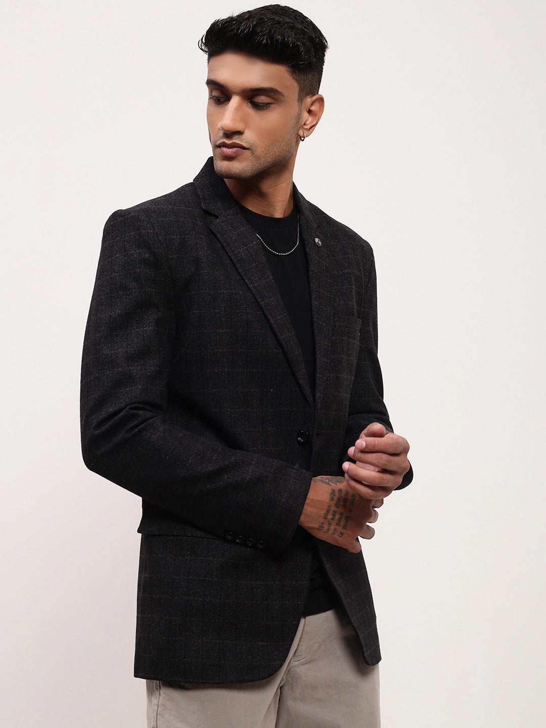 Men Black Checked Single Breasted Blazer