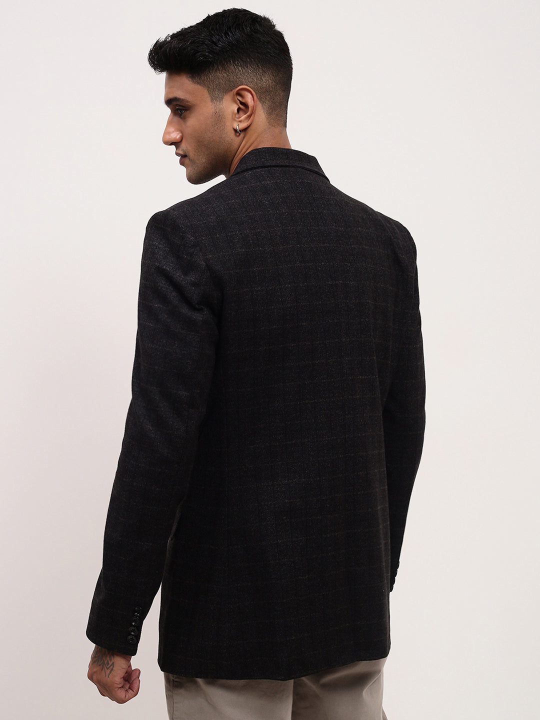 Men Black Checked Single Breasted Blazer