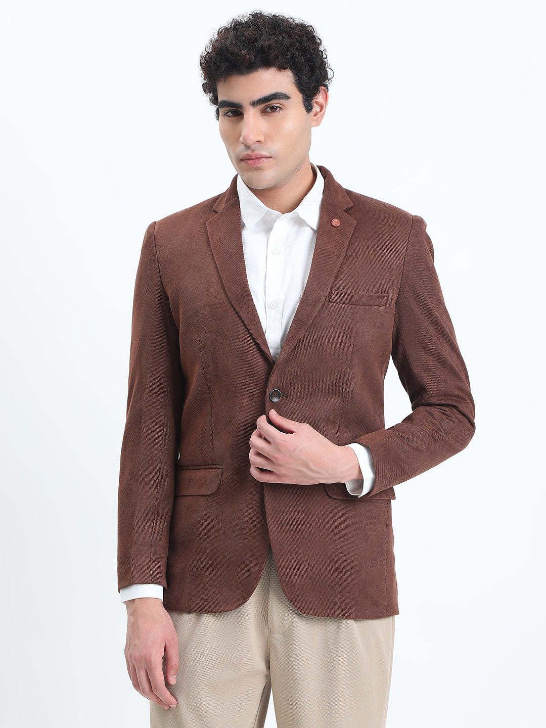 Men's Brown Tailored Single-Breasted Blazer with Notched Lapel