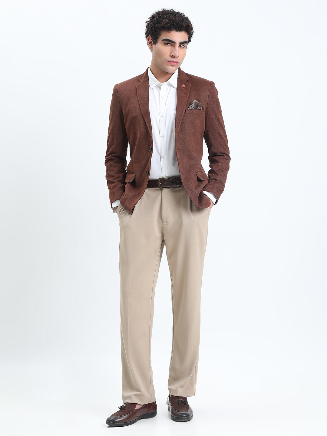 Men's Brown Tailored Single-Breasted Blazer with Notched Lapel
