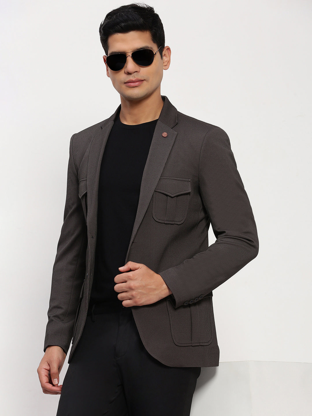 Men Brown Solid Single Breasted Blazer