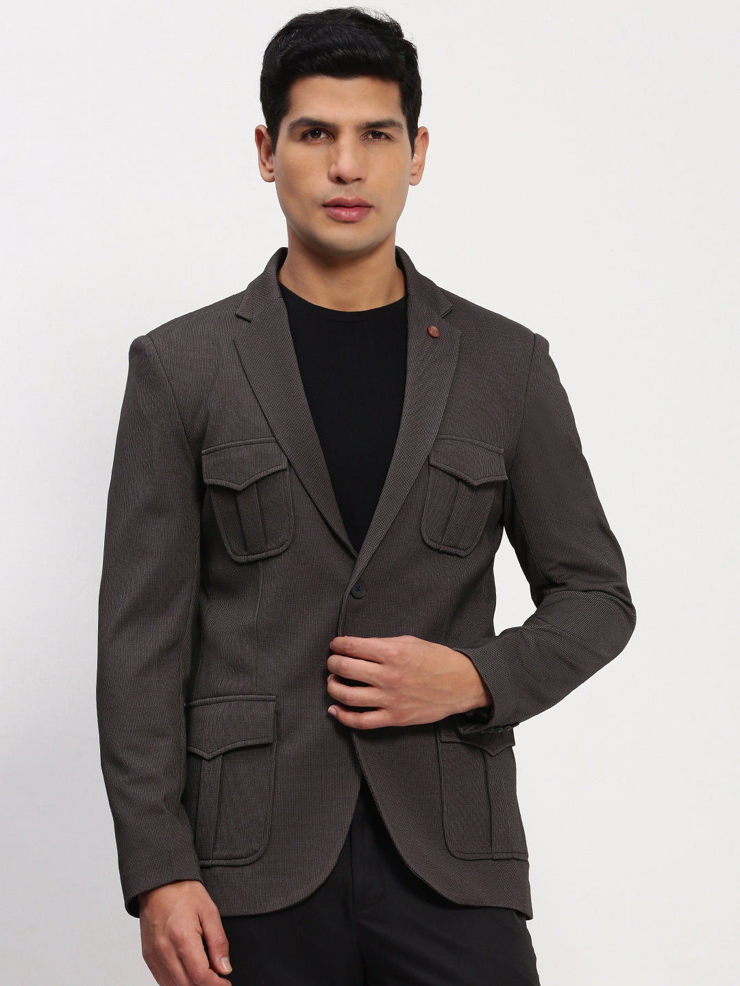 Men Brown Solid Single Breasted Blazer