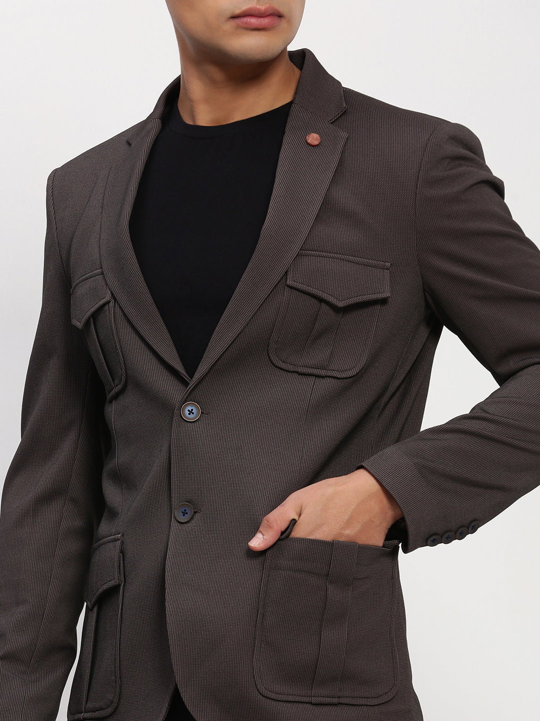 Men Brown Solid Single Breasted Blazer