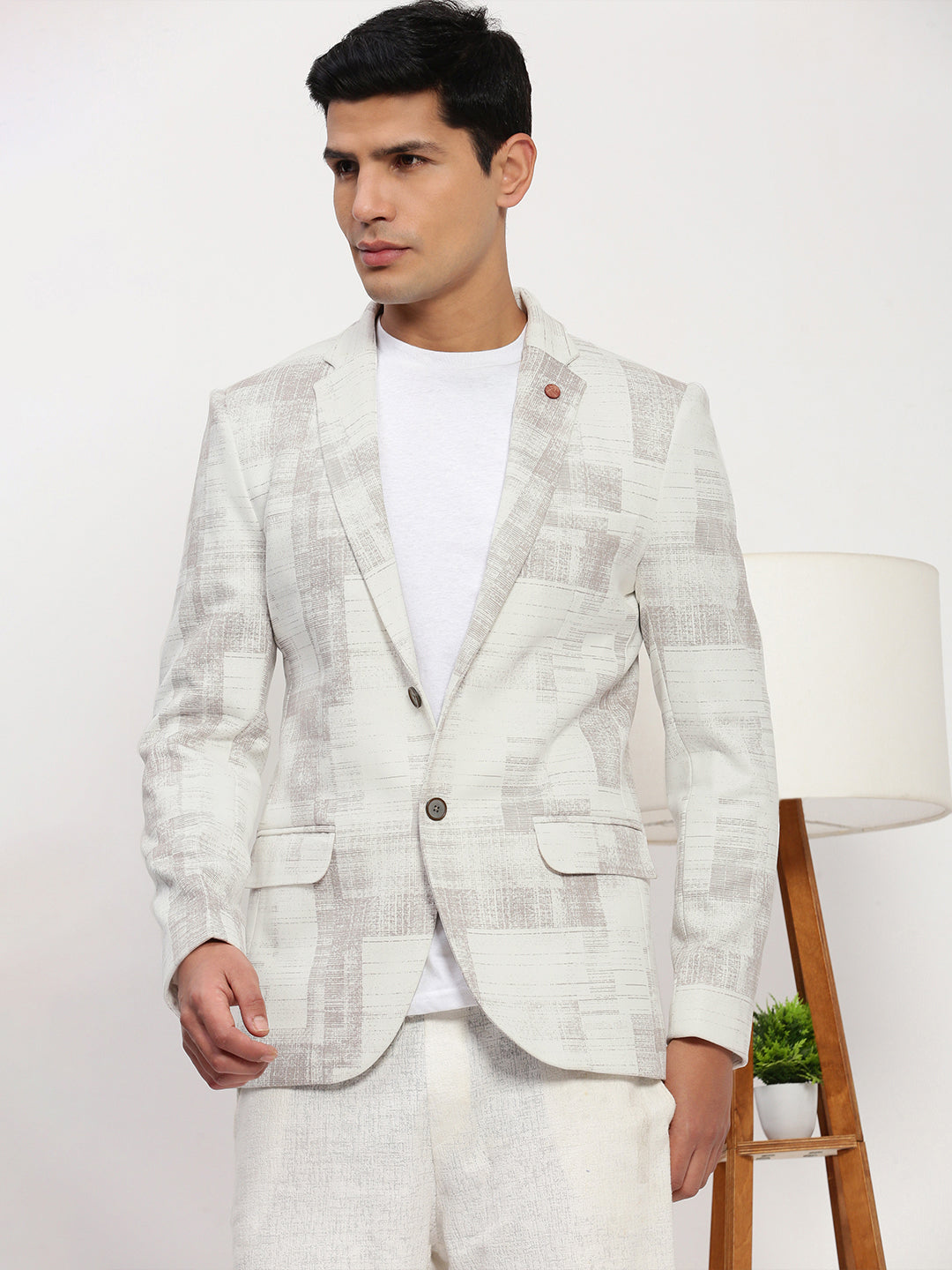 Men Off White Printed Single Breasted Blazer