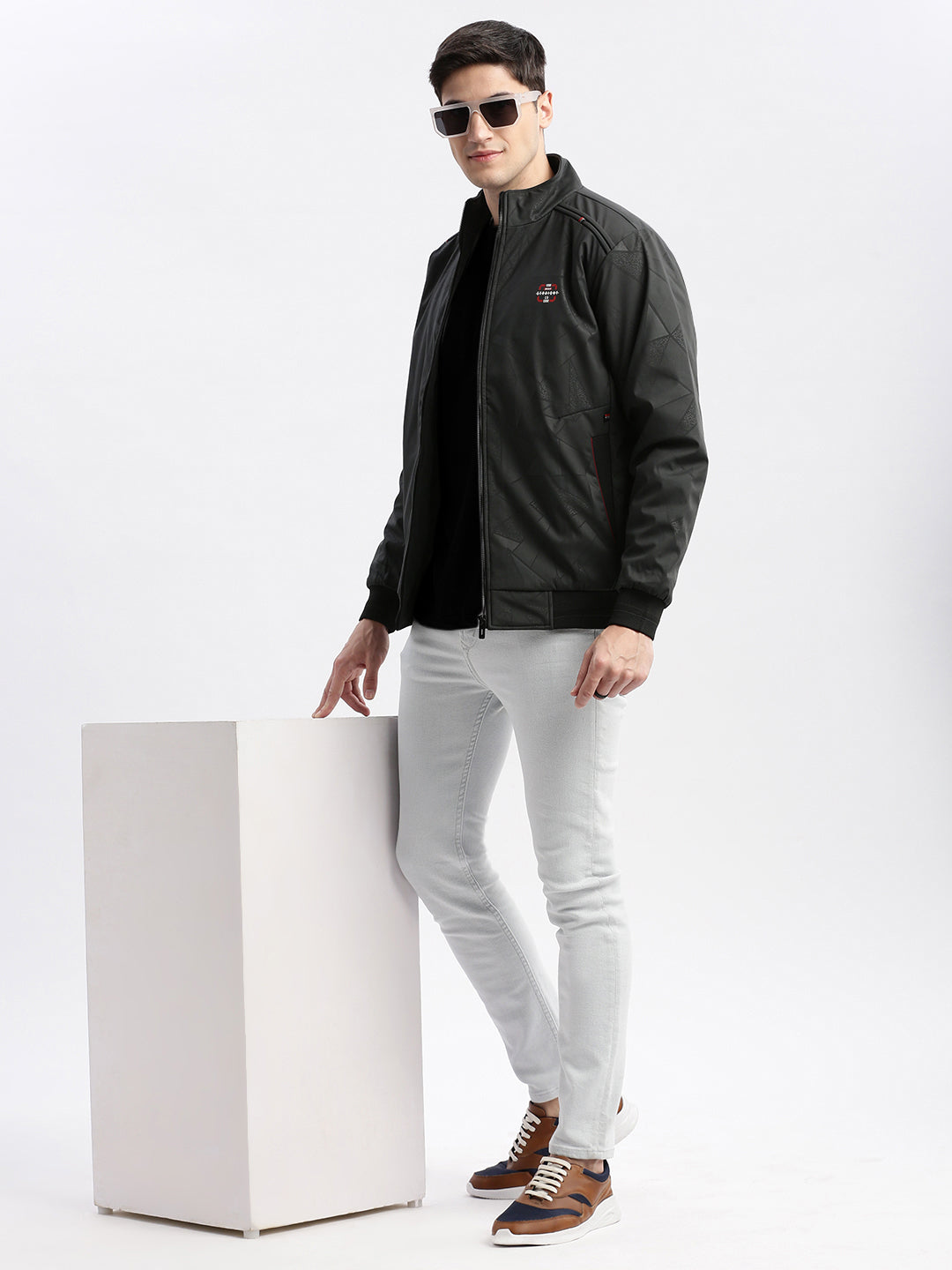 Men Geometric Mock Collar Grey Bomber Jacket