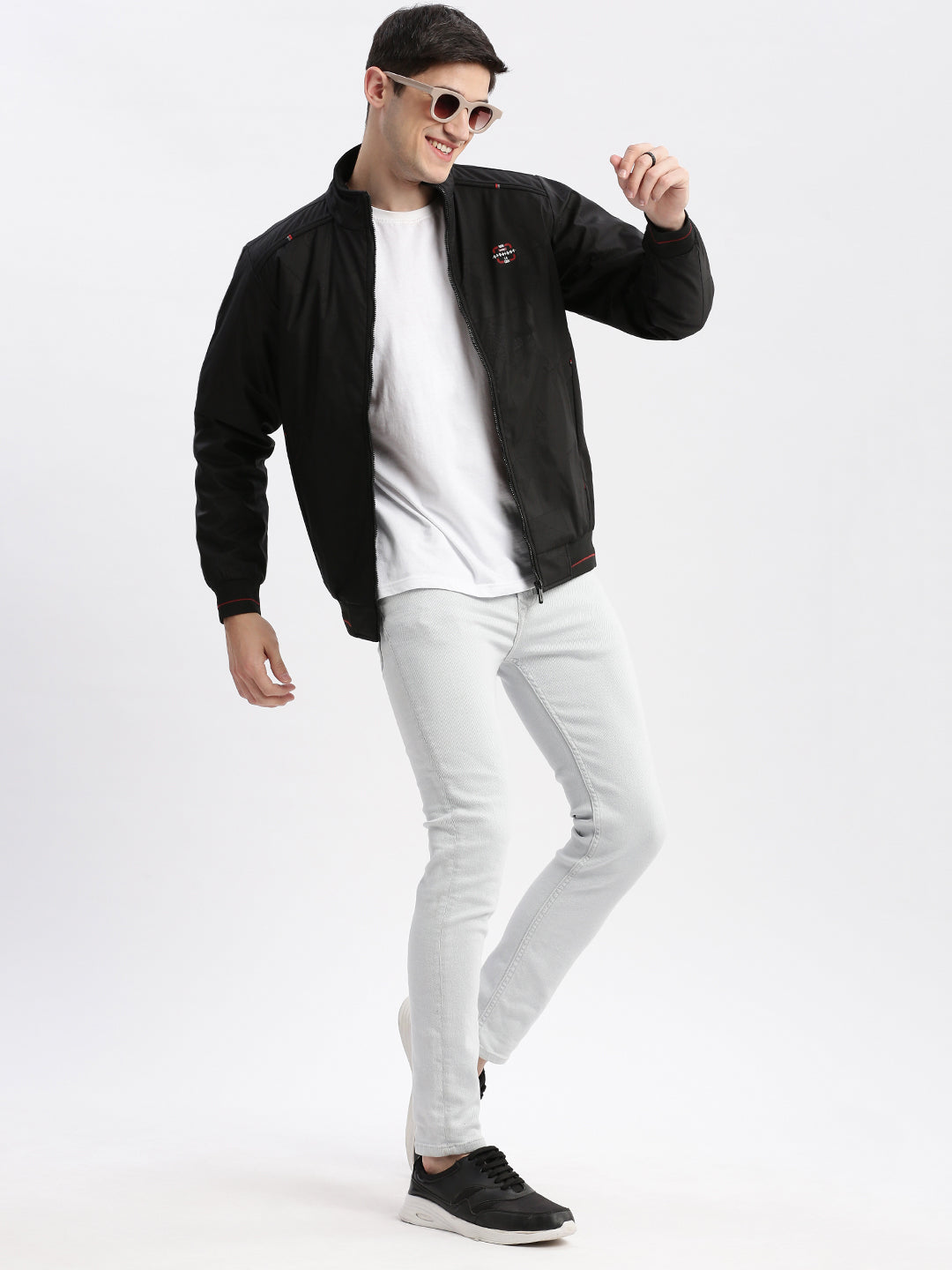 Men Geometric Mock Collar Black Bomber Jacket