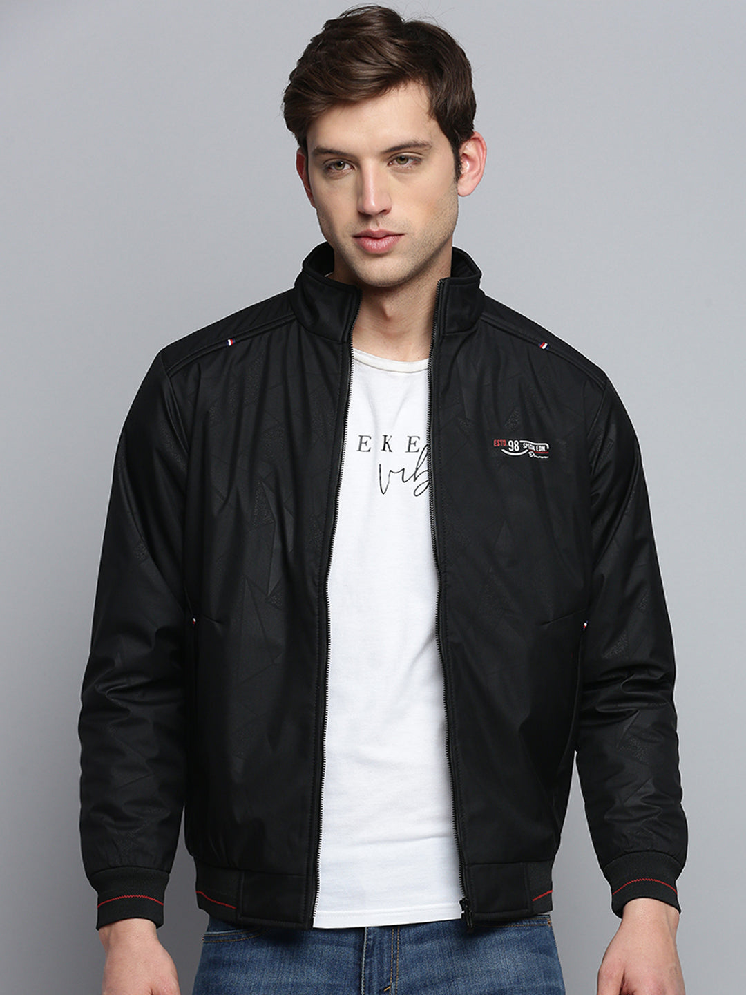 Men Mock Collar Solid Black Padded Jacket