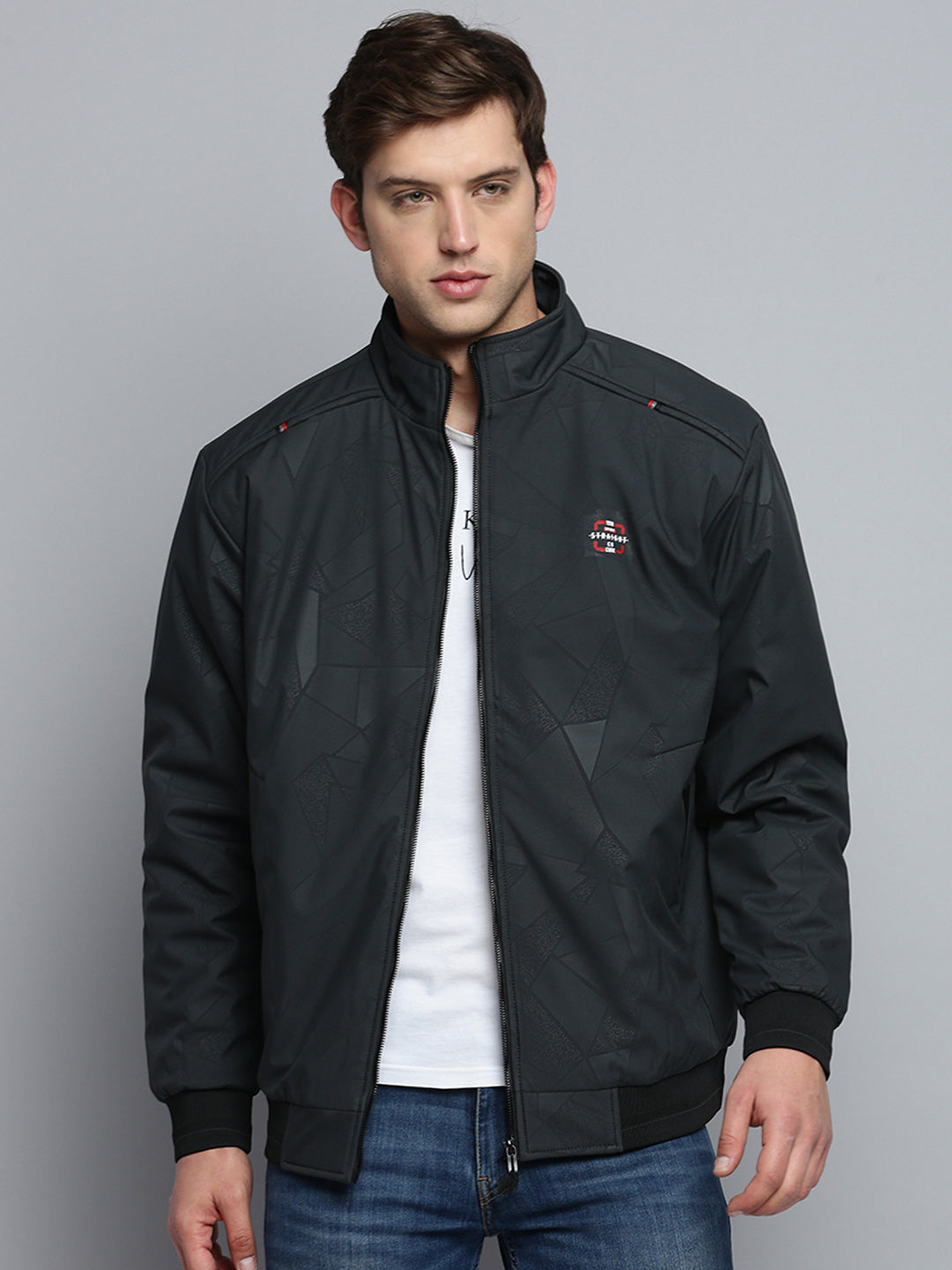 Men Mock Collar Solid Grey Padded Jacket