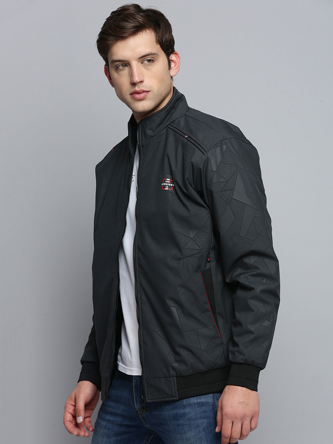 Men Mock Collar Solid Grey Padded Jacket