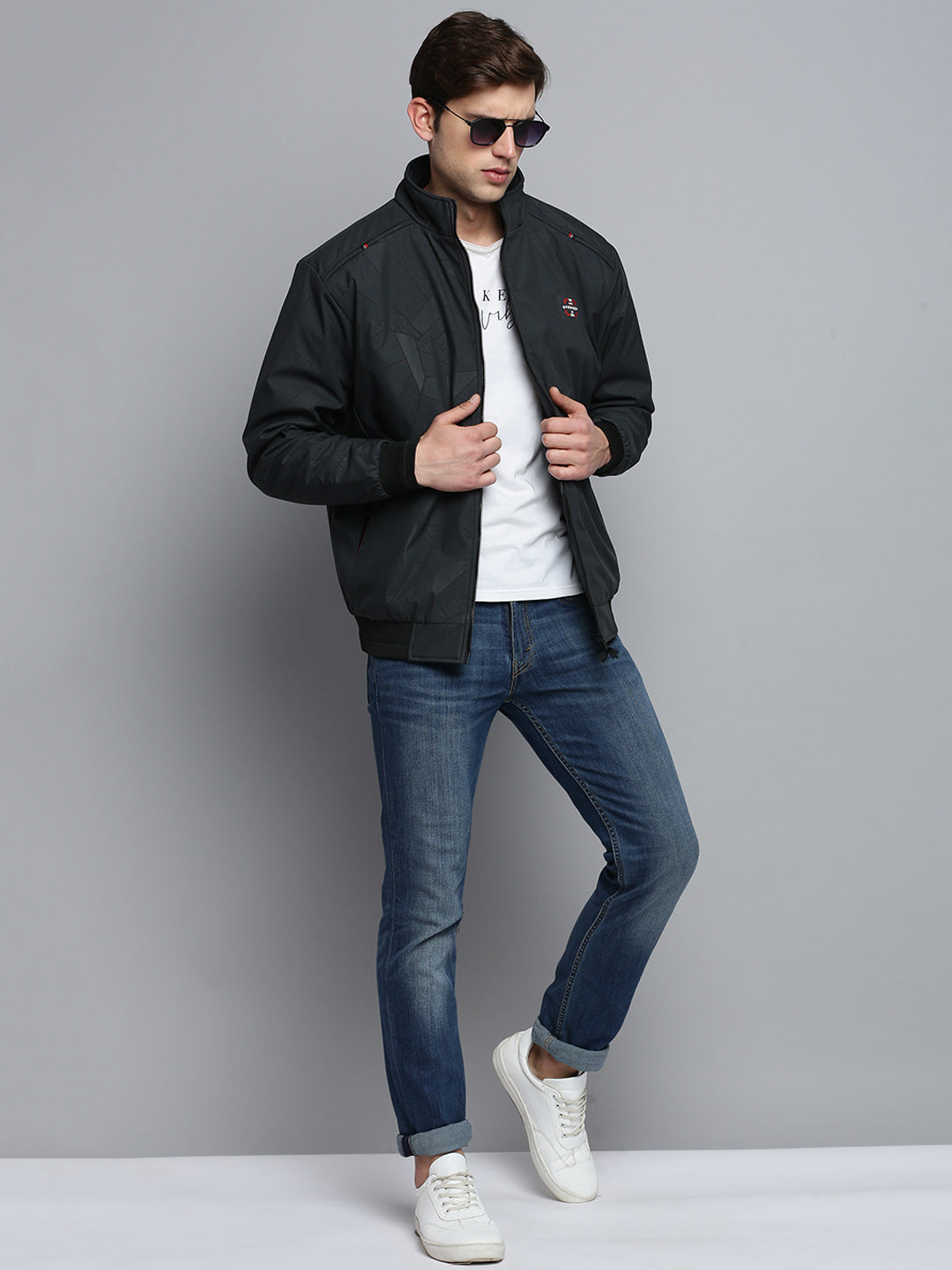 Men Mock Collar Solid Grey Padded Jacket