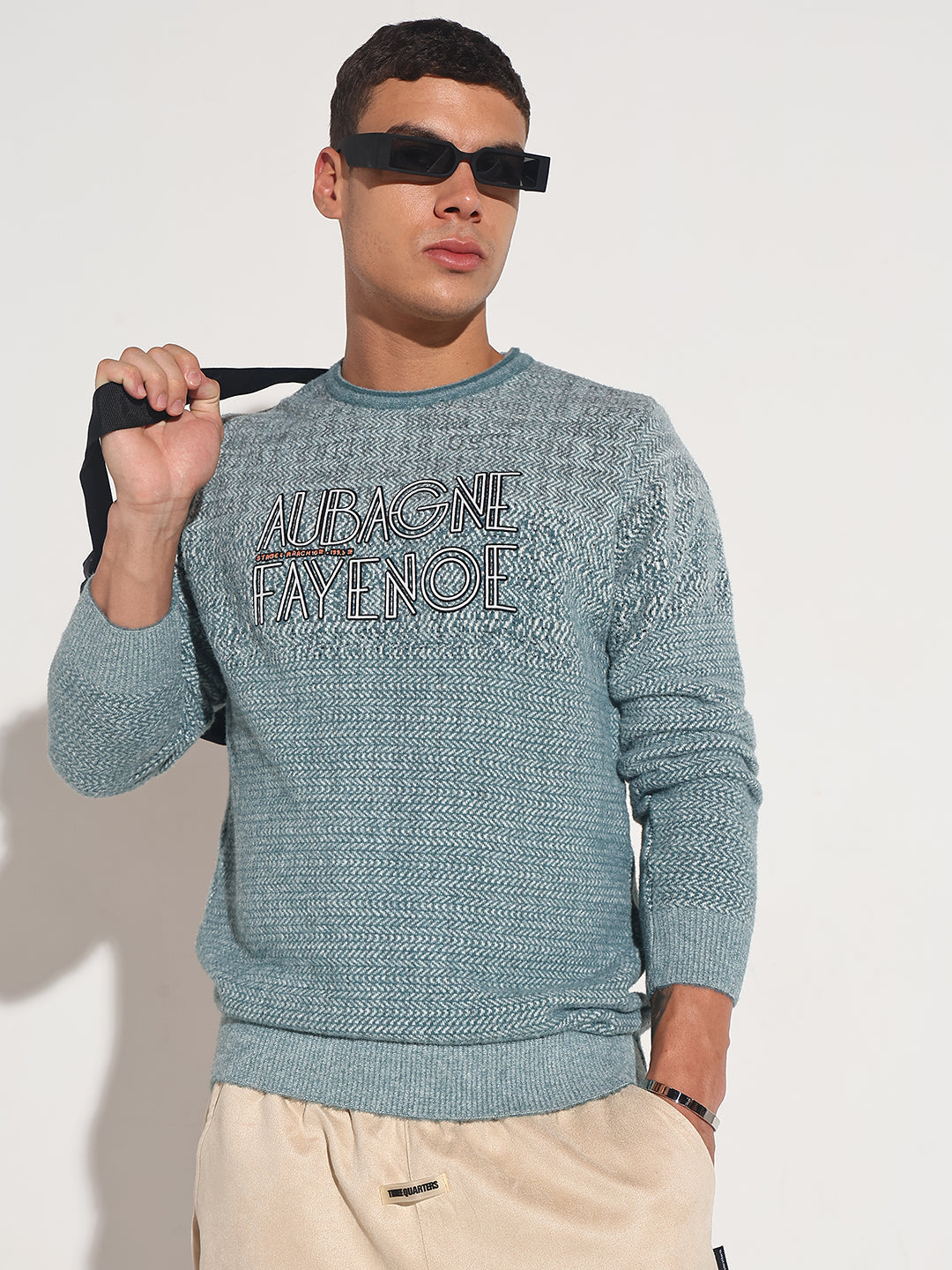 Men's Typography Blue Ribbed Round Neck Sweater