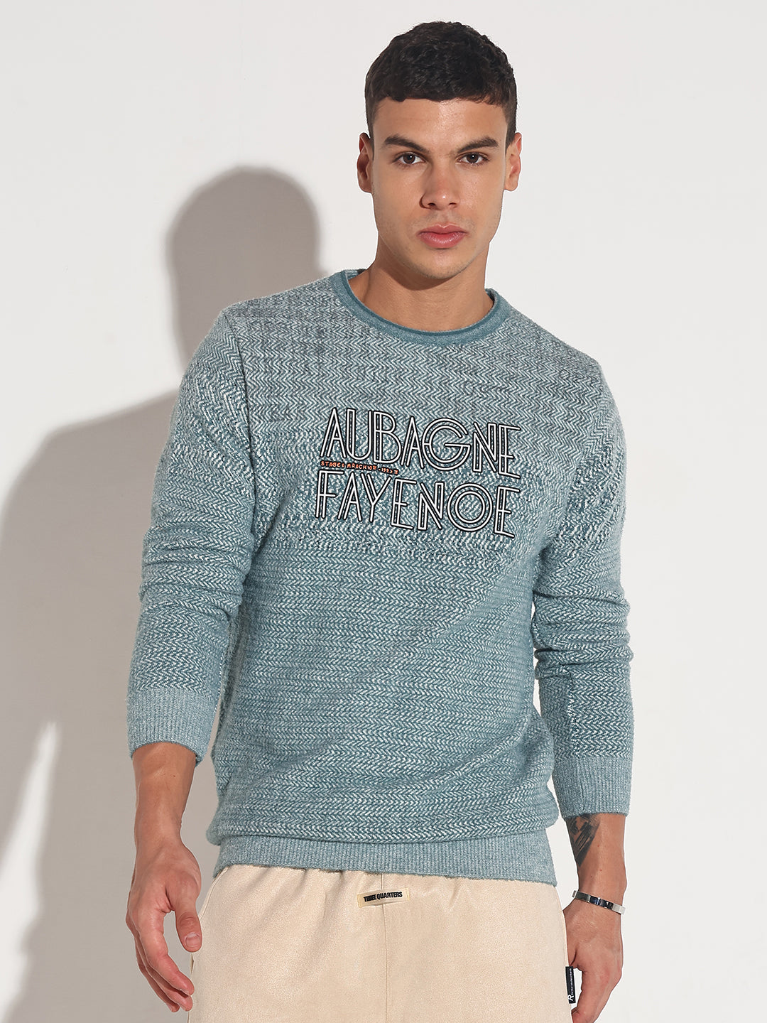 Men's Typography Blue Ribbed Round Neck Sweater