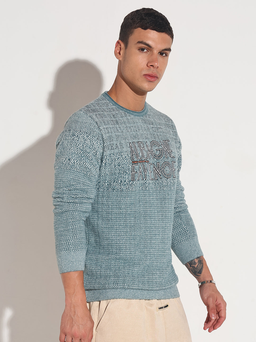 Men's Typography Blue Ribbed Round Neck Sweater