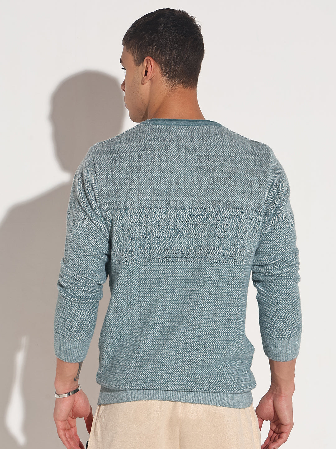 Men's Typography Blue Ribbed Round Neck Sweater