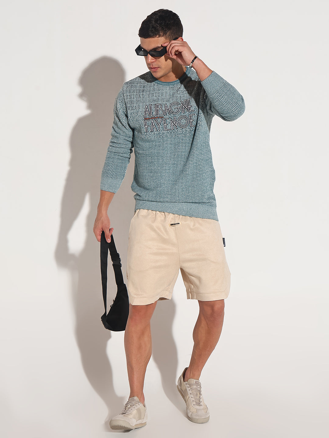 Men's Typography Blue Ribbed Round Neck Sweater