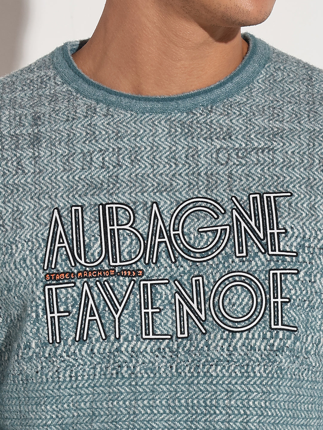 Men's Typography Blue Ribbed Round Neck Sweater