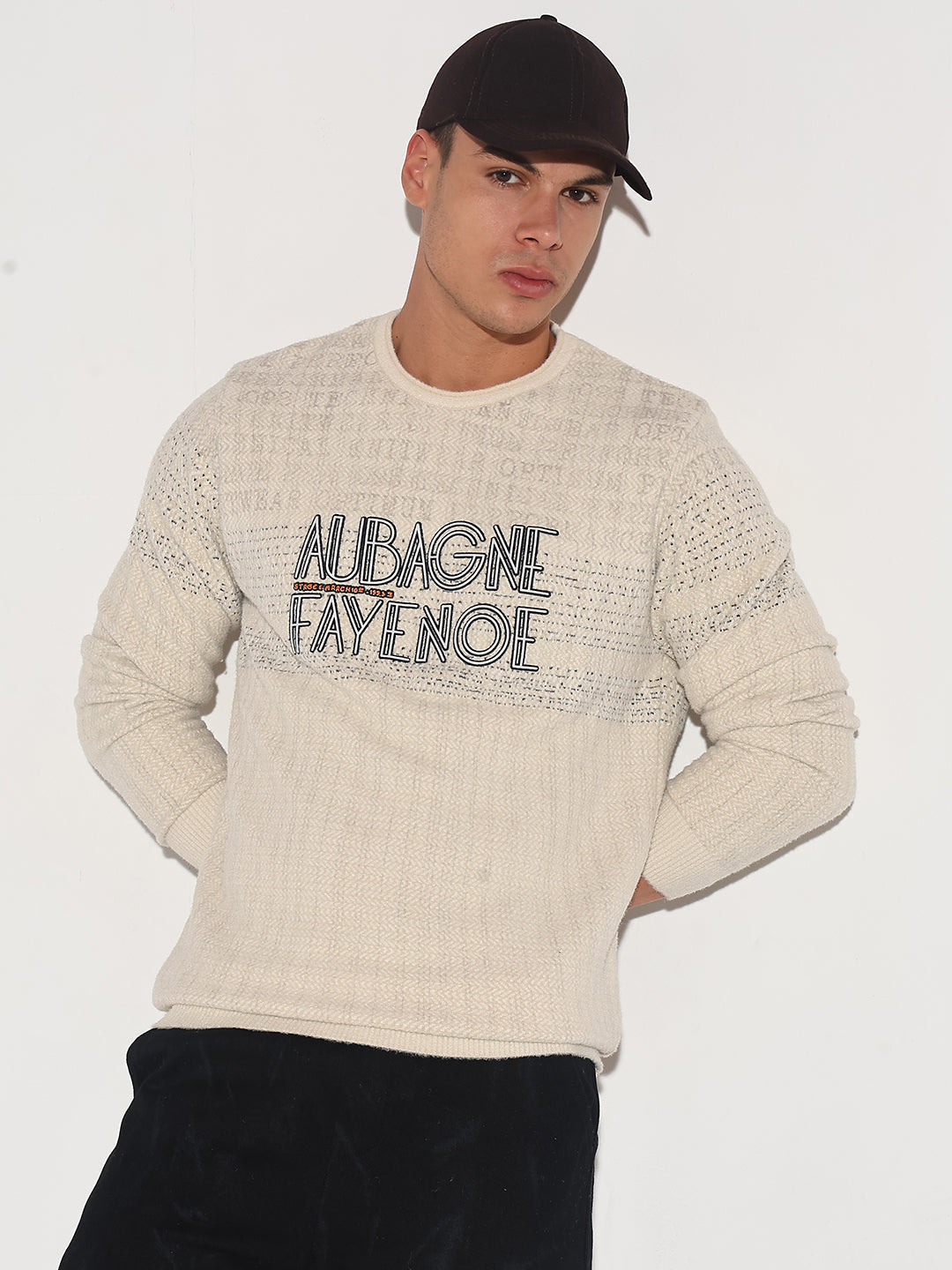 Men's Typography Cream Ribbed Round Neck Sweater