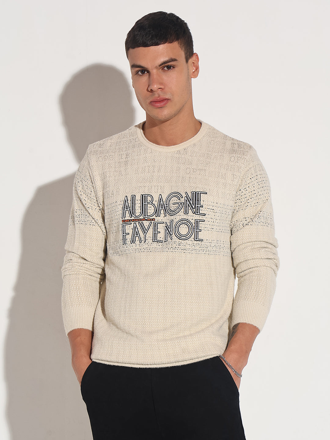 Men's Typography Cream Ribbed Round Neck Sweater