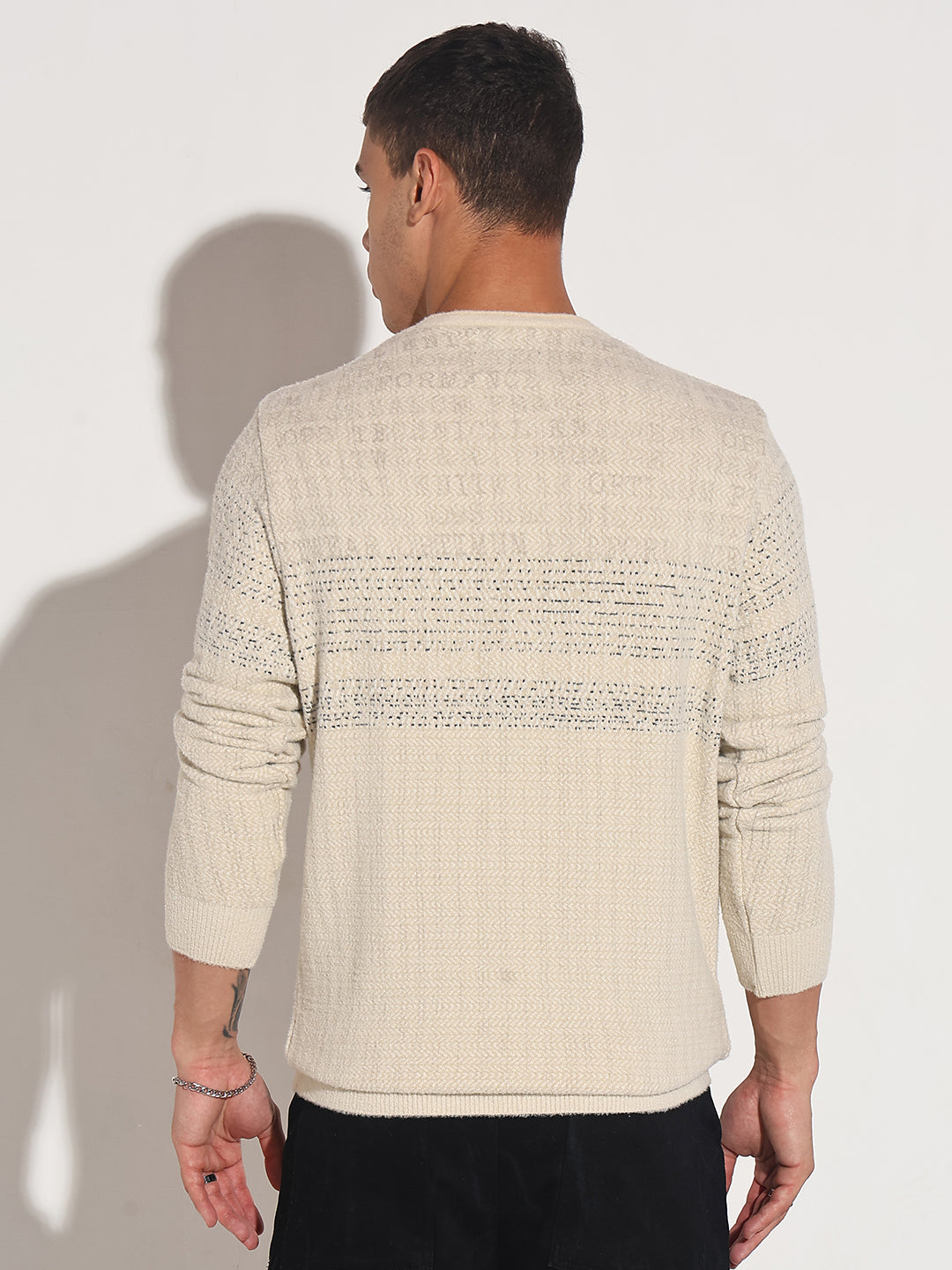 Men's Typography Cream Ribbed Round Neck Sweater