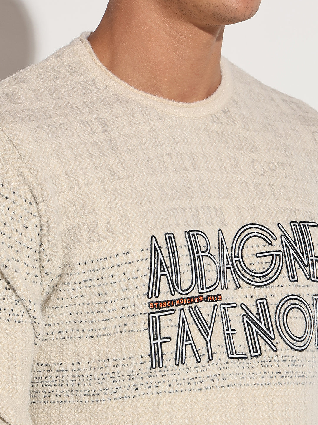 Men's Typography Cream Ribbed Round Neck Sweater