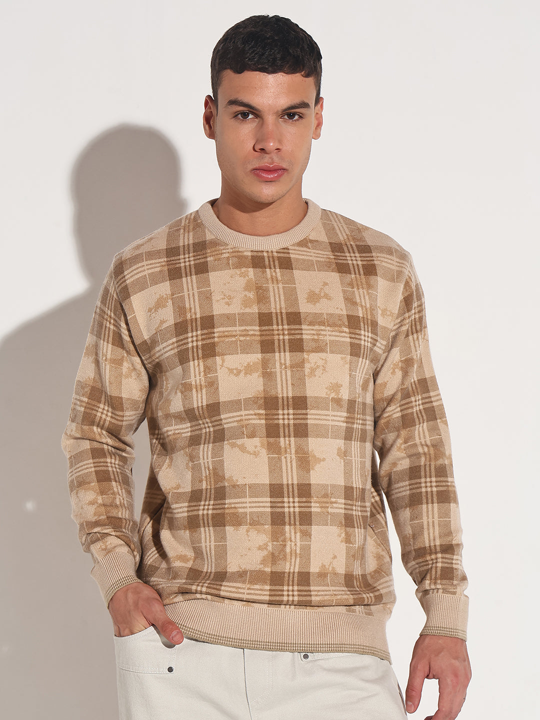 Men's Checked Beige Ribbed Round Neck Sweater