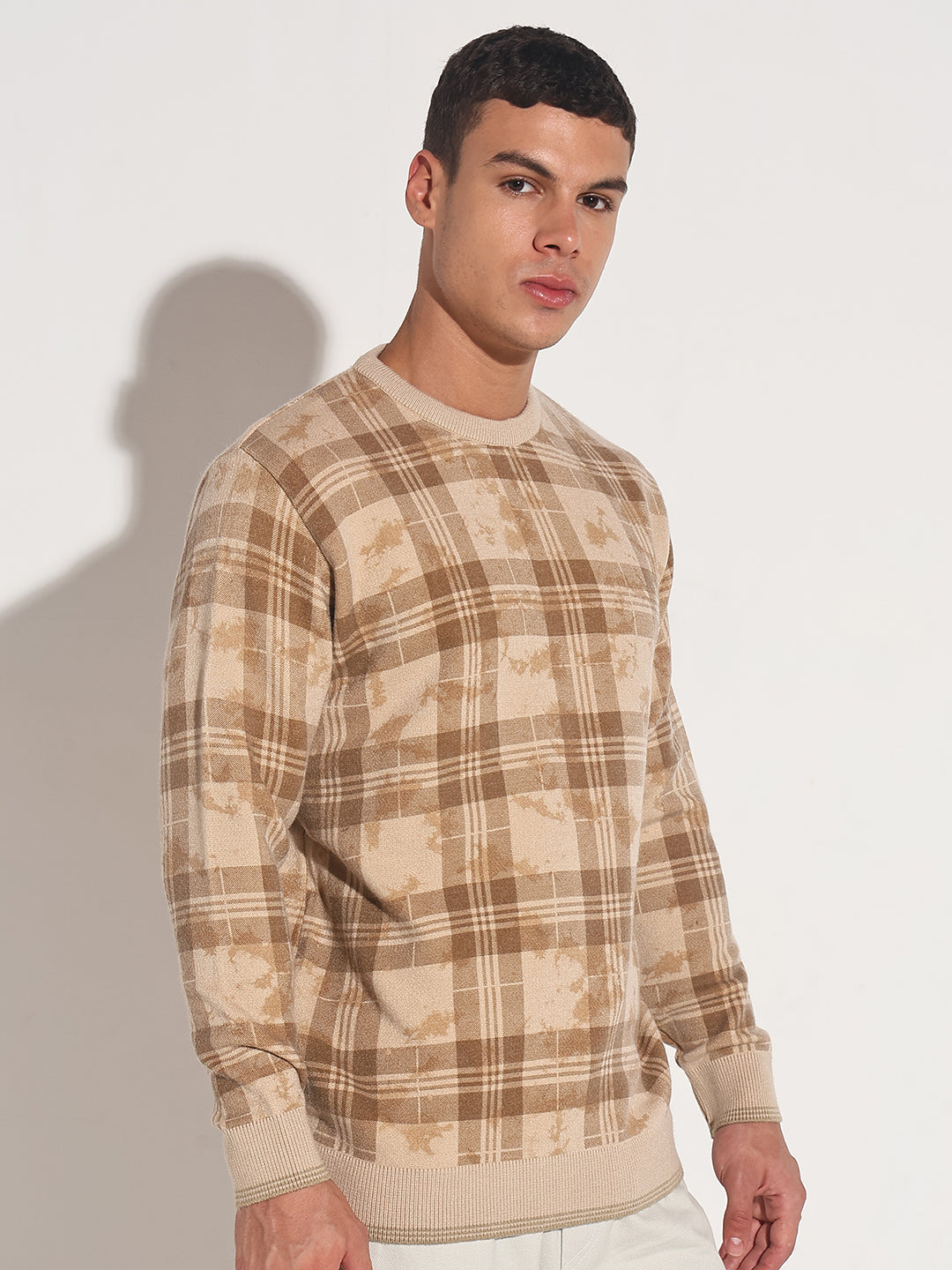 Men's Checked Beige Ribbed Round Neck Sweater