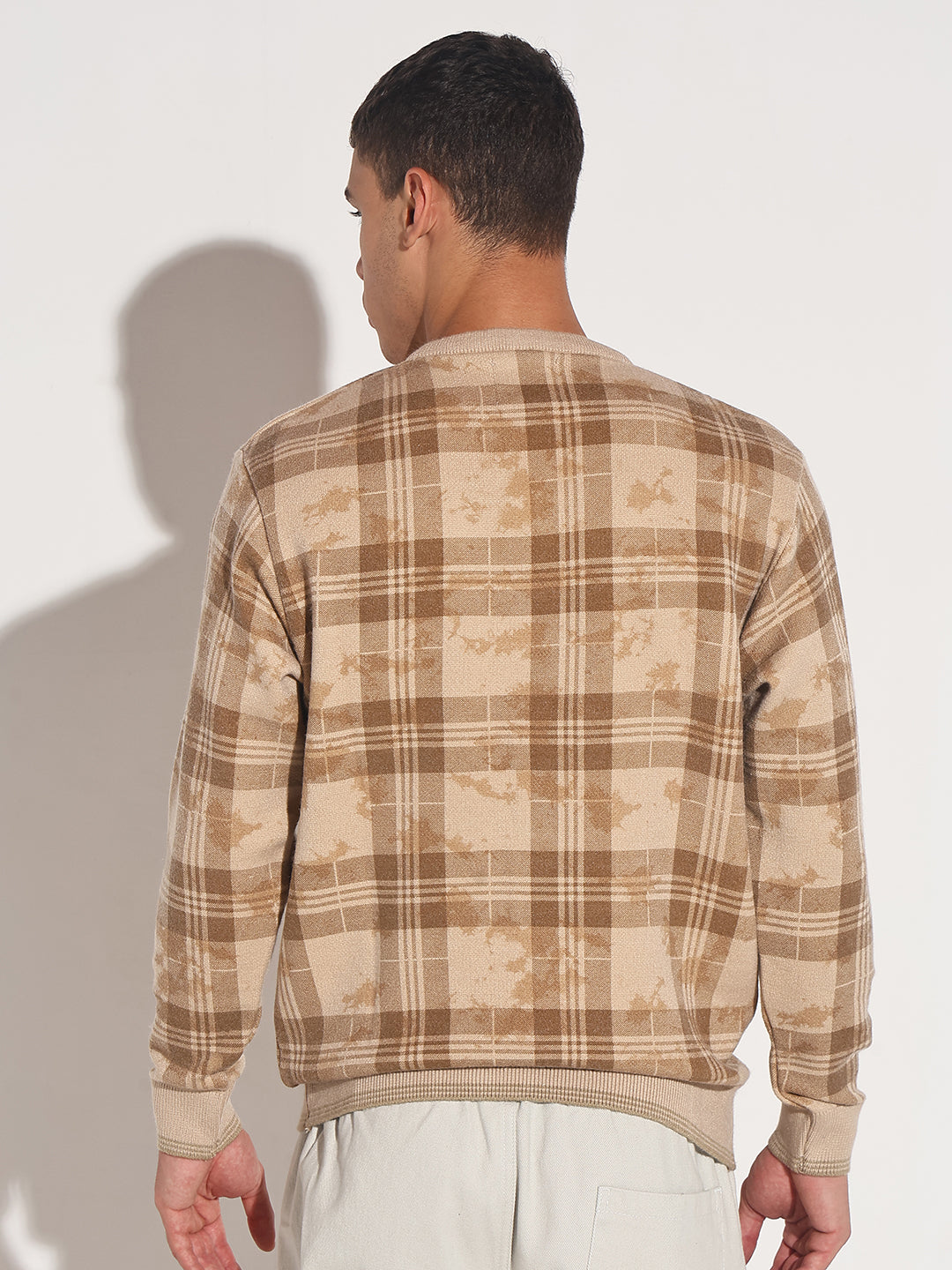 Men's Checked Beige Ribbed Round Neck Sweater