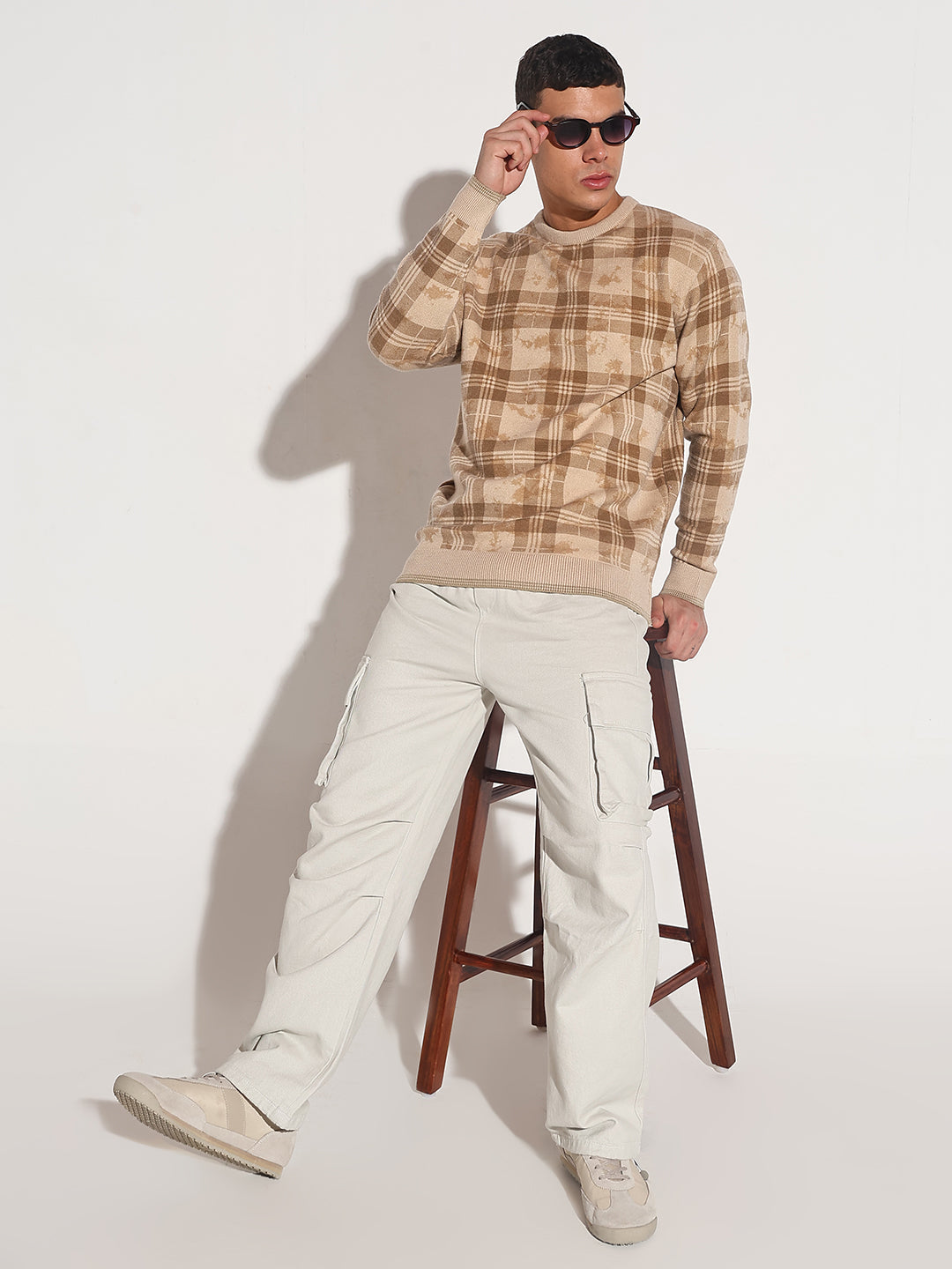 Men's Checked Beige Ribbed Round Neck Sweater