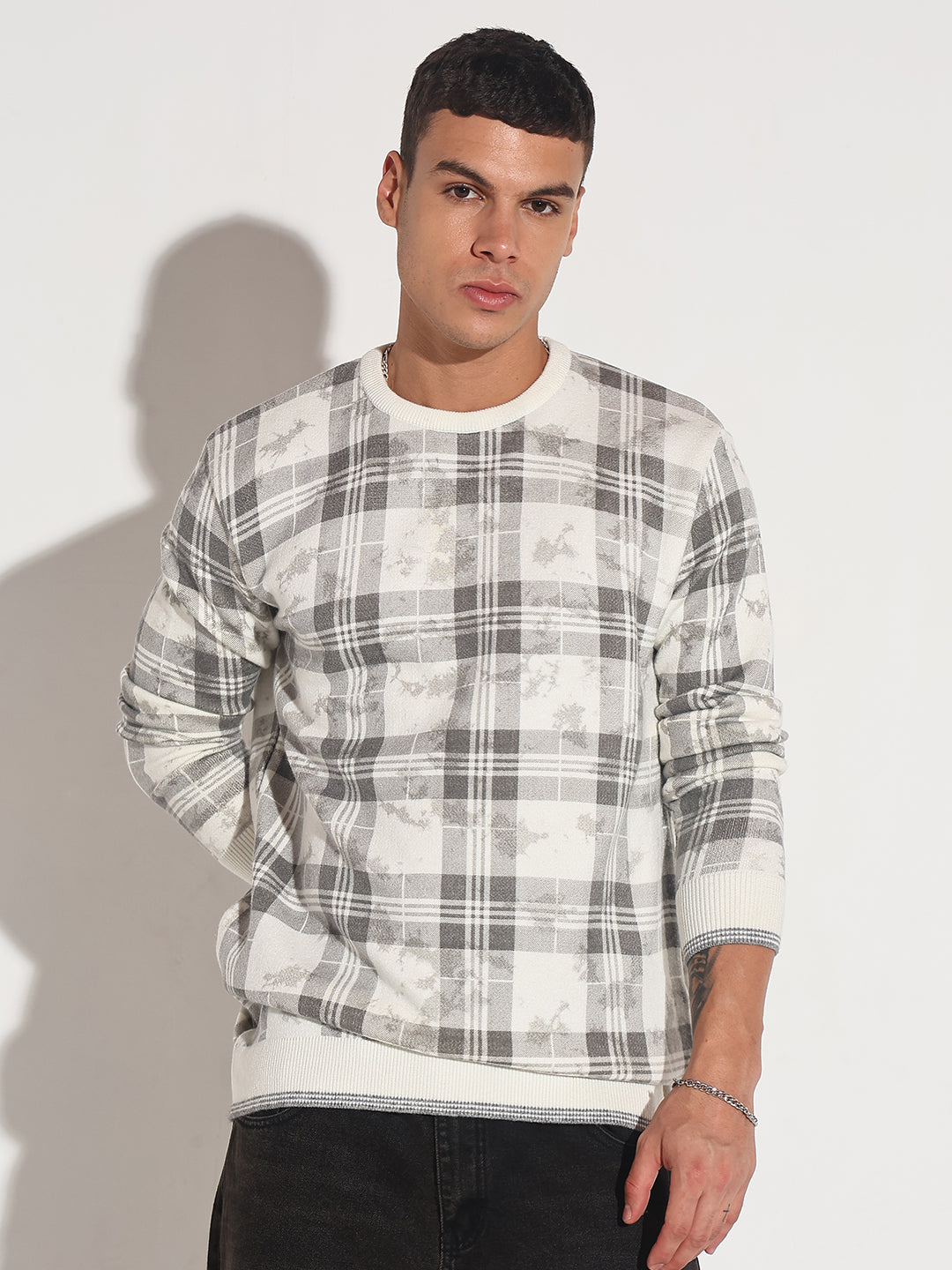 Men's Checked Grey Ribbed Round Neck Sweater