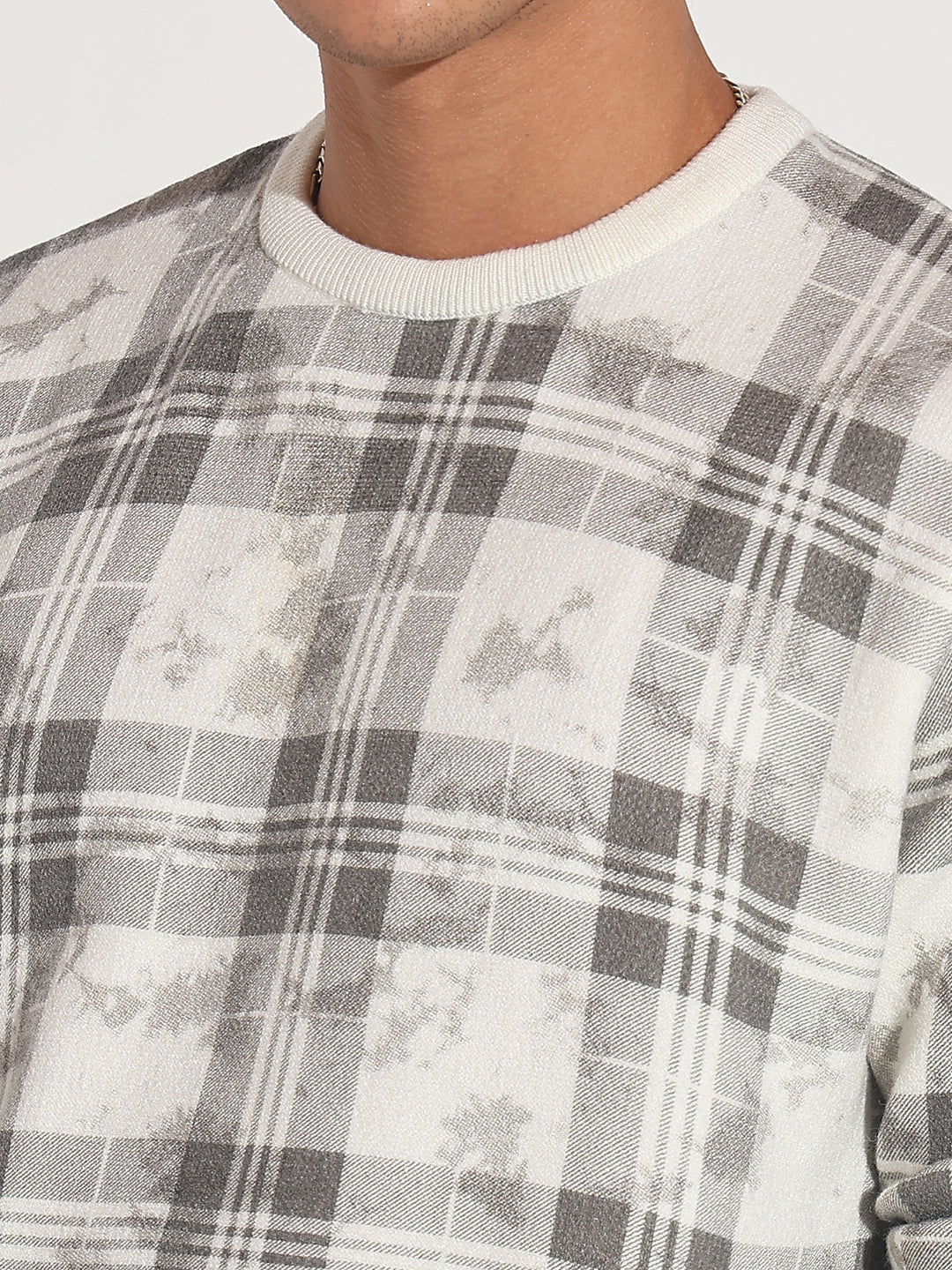 Men's Checked Grey Ribbed Round Neck Sweater