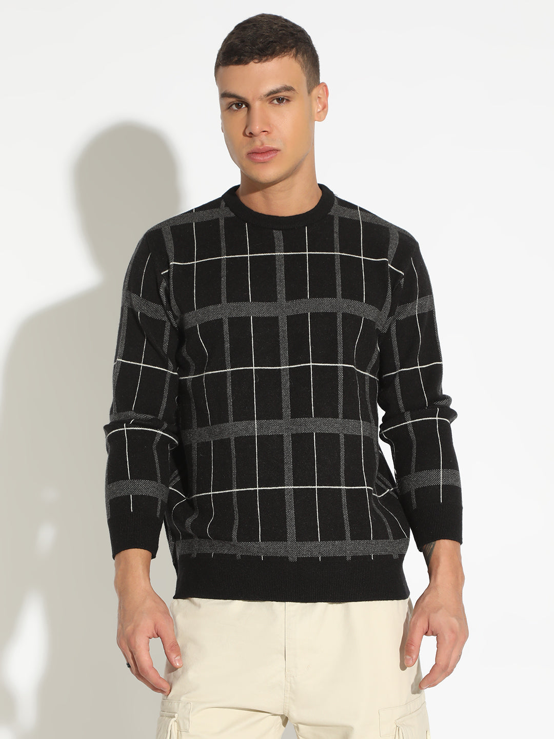 Men's Checked Black Ribbed Round Neck Sweater