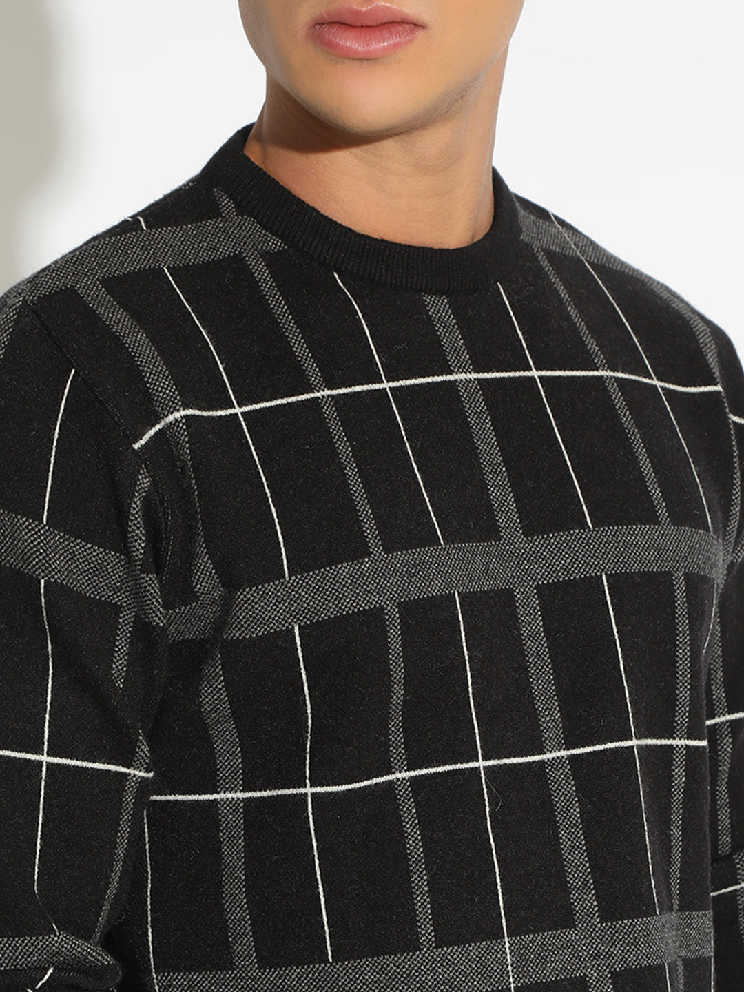 Men's Checked Black Ribbed Round Neck Sweater