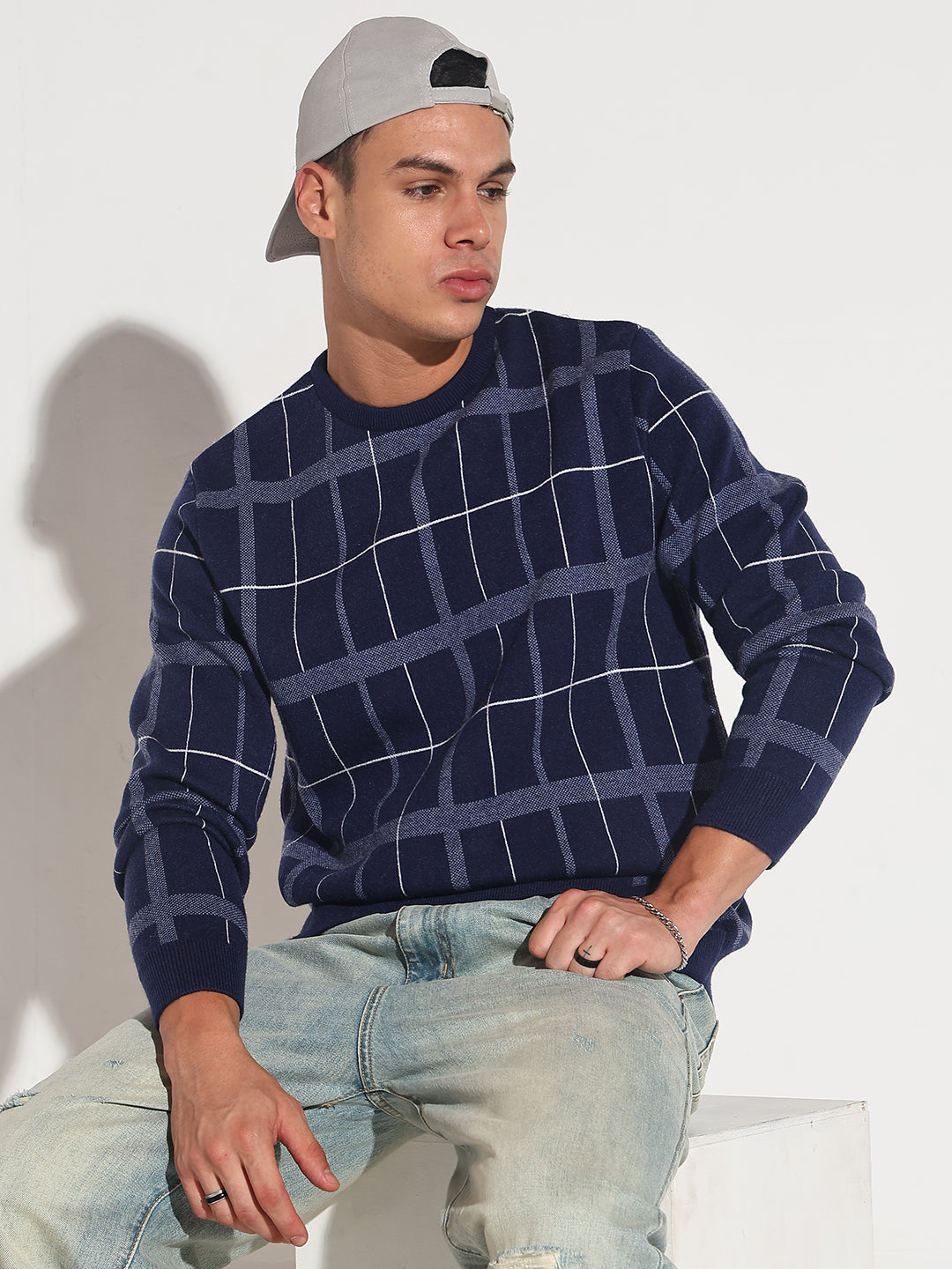Men's Checked Navy Blue Ribbed Round Neck Sweater