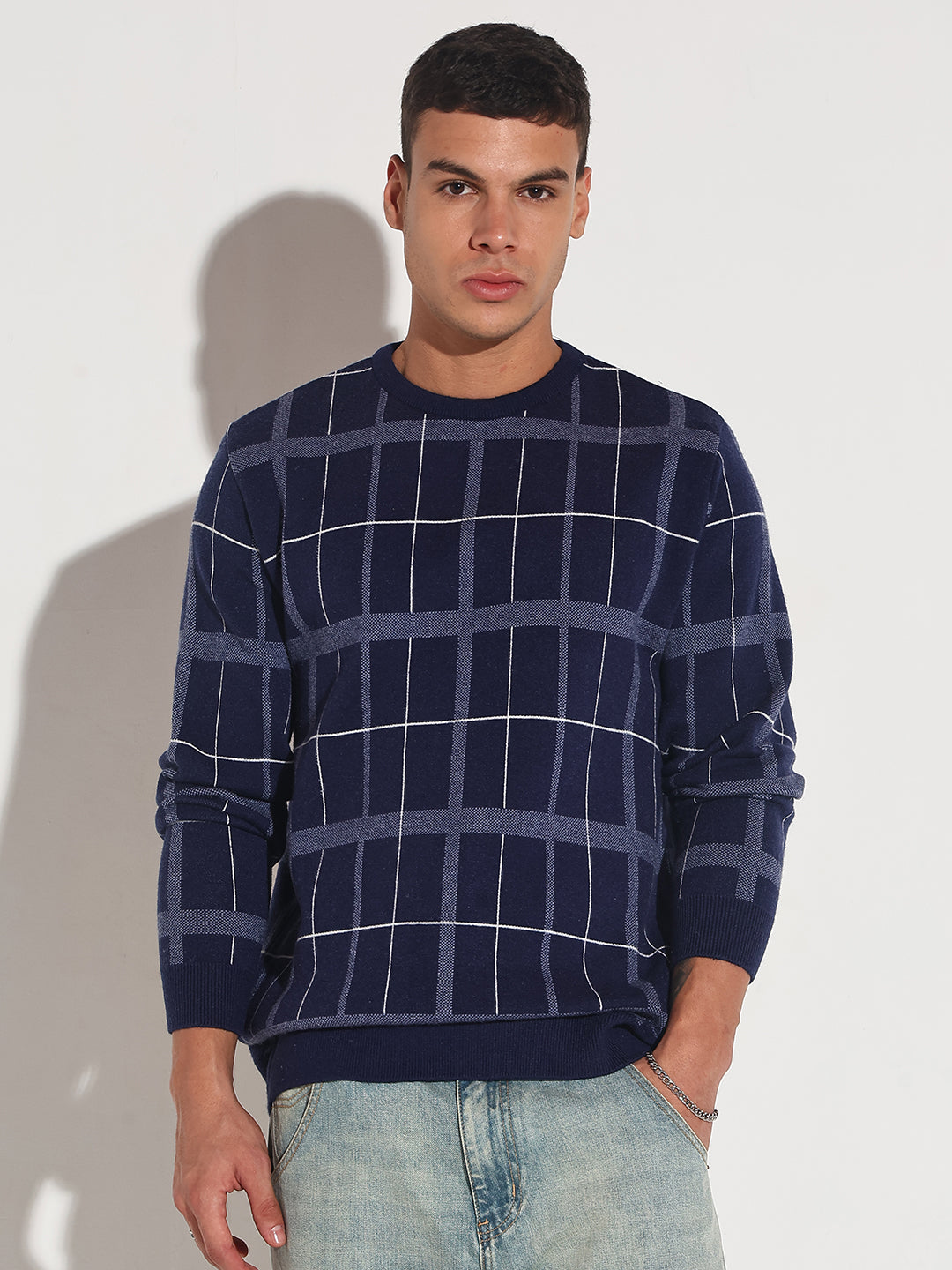 Men's Checked Navy Blue Ribbed Round Neck Sweater
