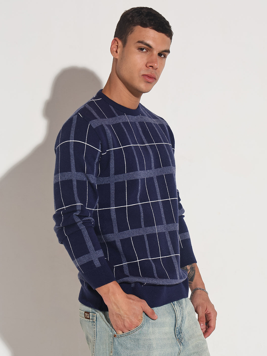 Men's Checked Navy Blue Ribbed Round Neck Sweater