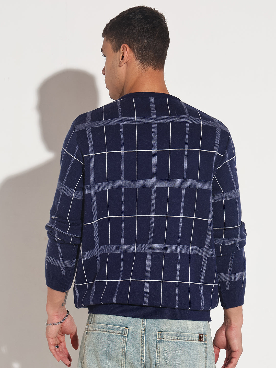 Men's Checked Navy Blue Ribbed Round Neck Sweater