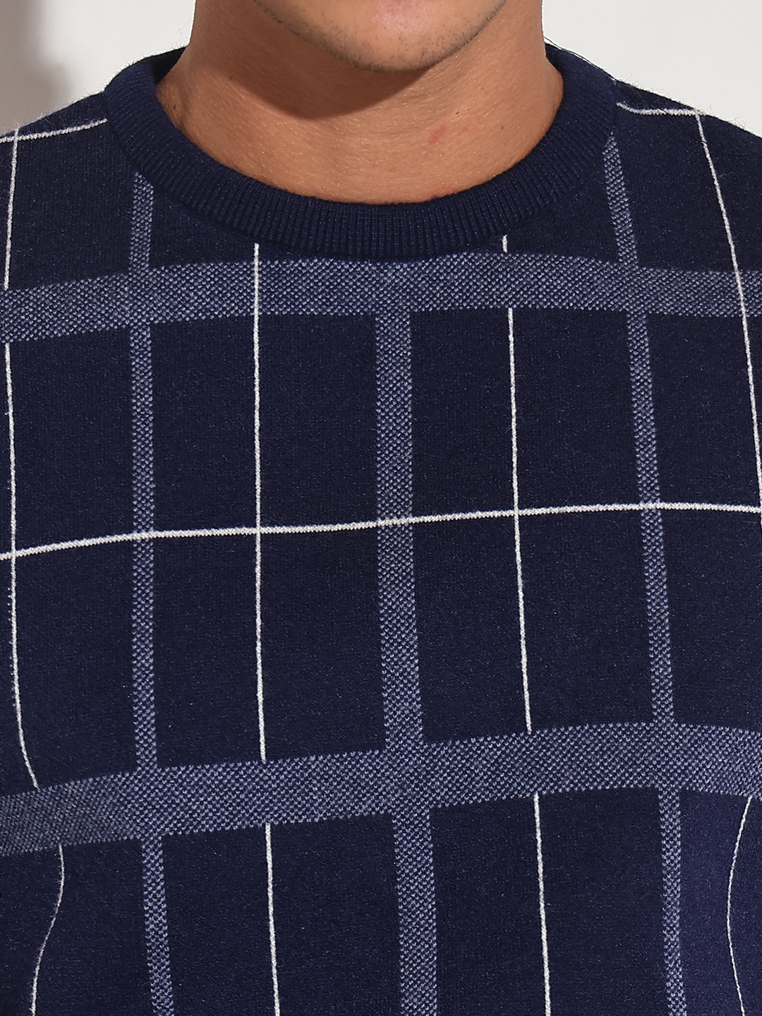 Men's Checked Navy Blue Ribbed Round Neck Sweater
